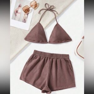 SHEIN | Brown Two Piece Set Triangle “Bikini” Top And Shorts Size Large